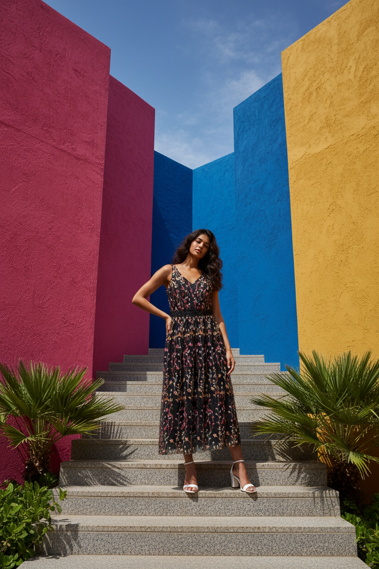 Black Gown With Floral Embroidery, Beaded Waist, Size XL