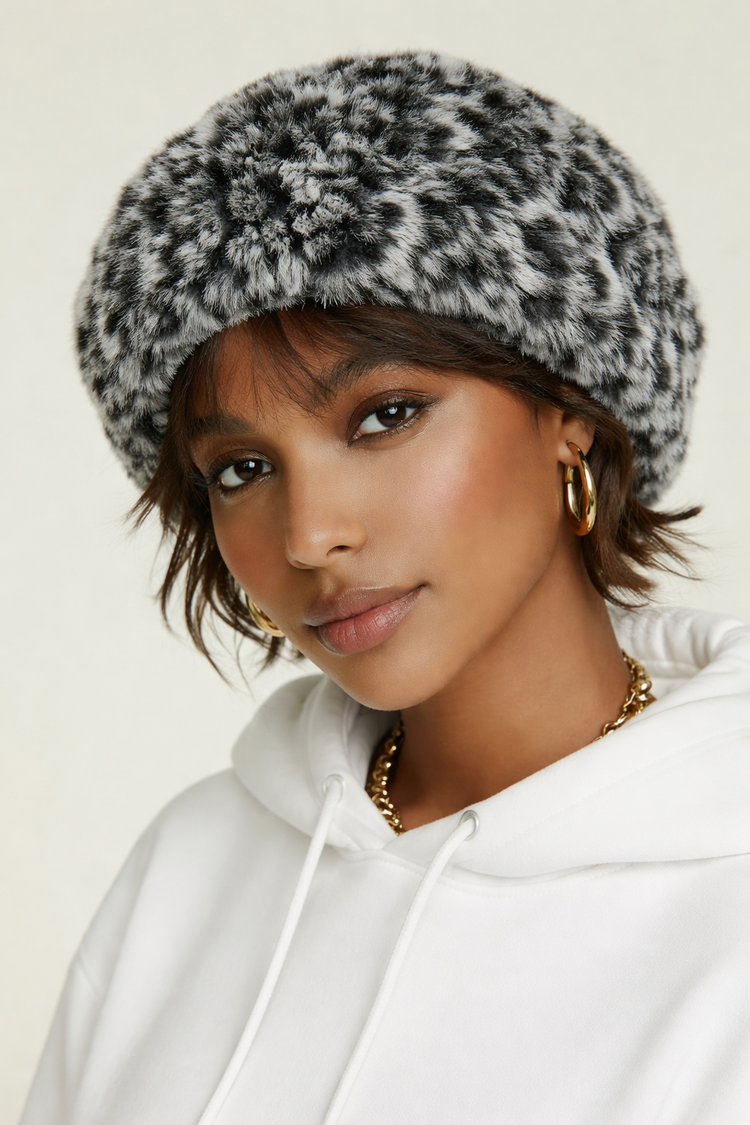 Black w/White Knitted Rabbit Beanie Hat, O/S