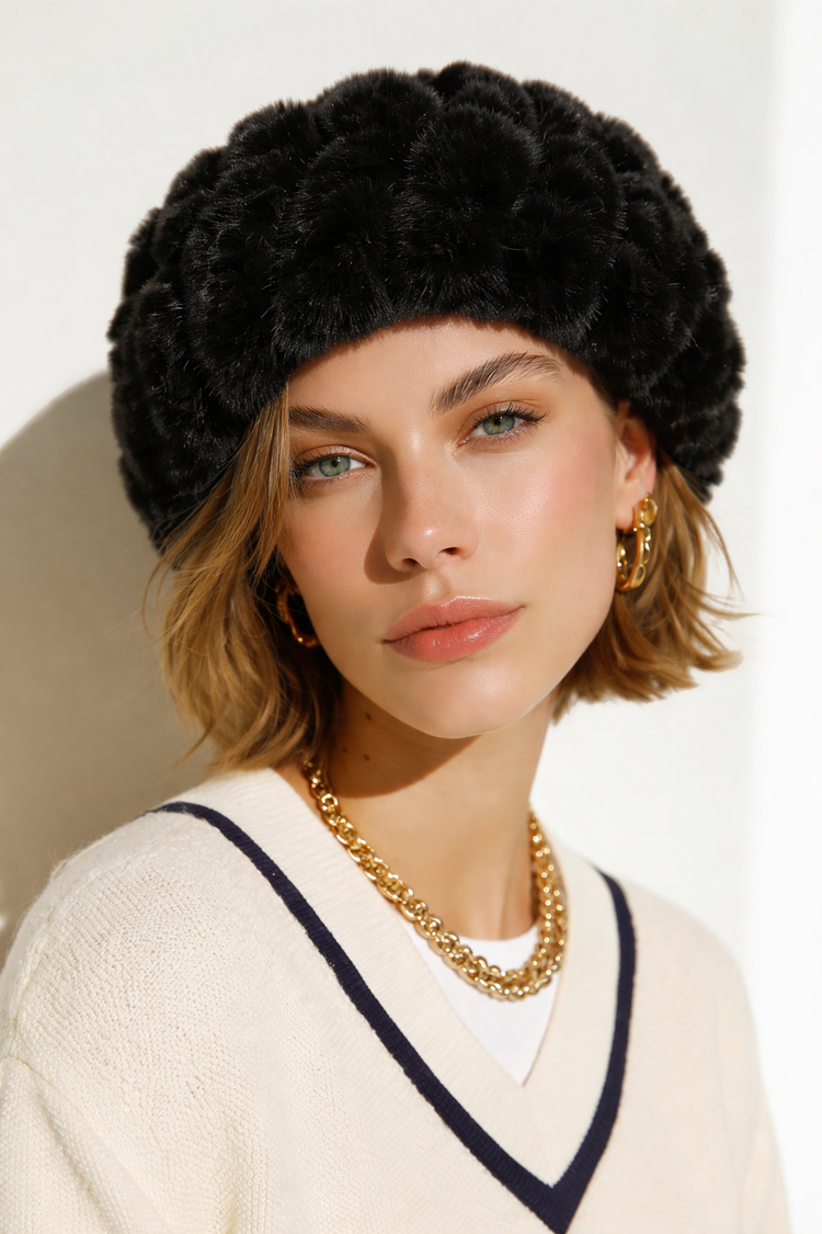 Black Knitted Rabbit Beanie Hat, O/S