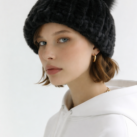 Raglaido Black Knitted Rabbit Pom Beanie Hat
