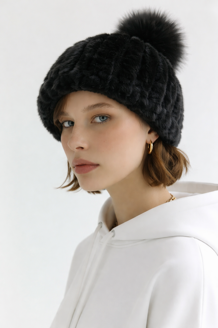 Raglaido Black Knitted Rabbit Pom Beanie Hat