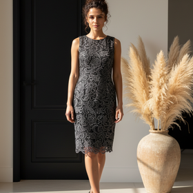 Adrianna Papell Steel Gray Cocktail Dress with Lace Overlay, Size 8