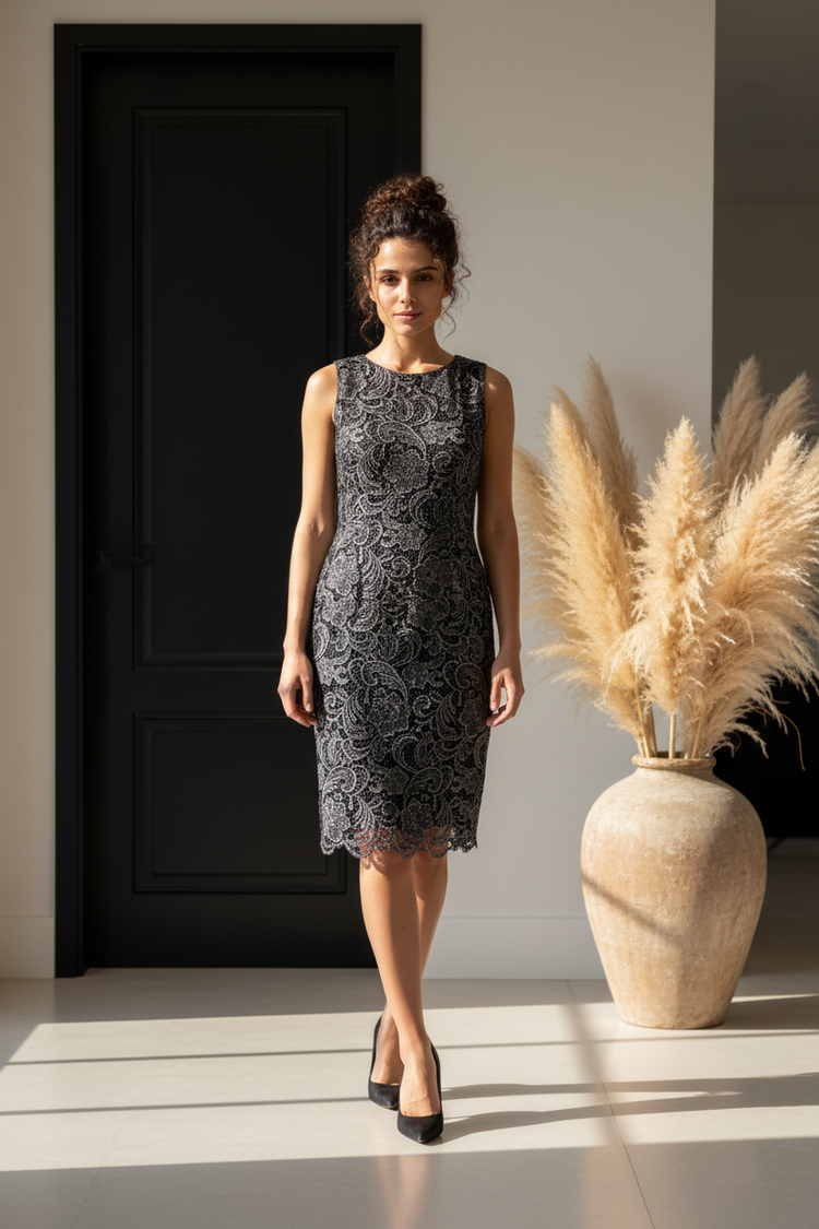 Adrianna Papell Steel Gray Cocktail Dress with Lace Overlay, Size 8