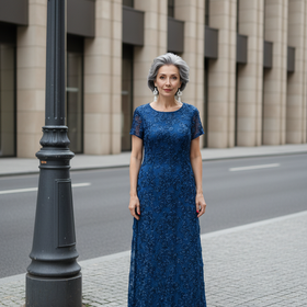 Adrianna Papell Peacock Blue Rosette Gown w/Short Sleeves, Size 16W