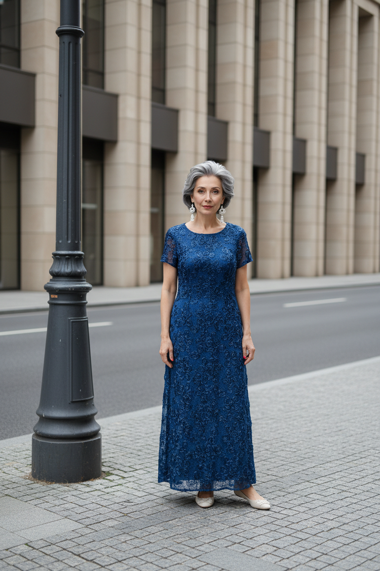Adrianna Papell Peacock Blue Rosette Gown w/Short Sleeves, Size 16W
