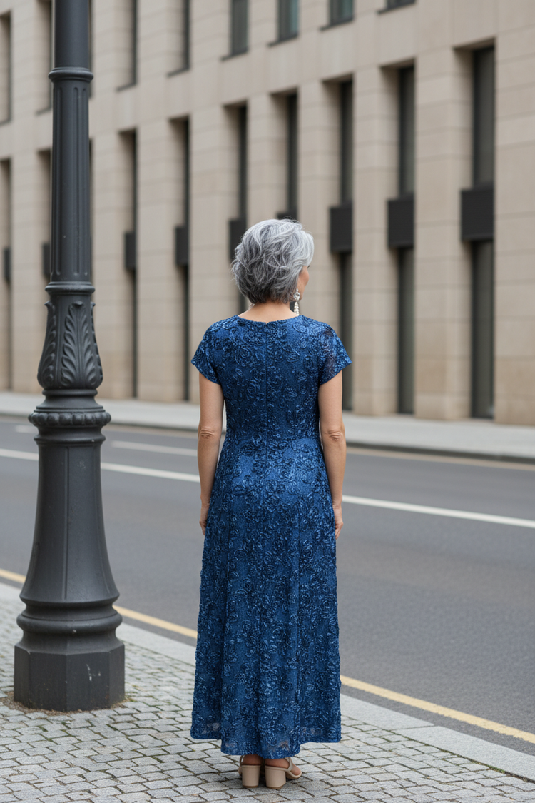 Adrianna Papell Peacock Blue Rosette Gown w/Short Sleeves, Size 16W