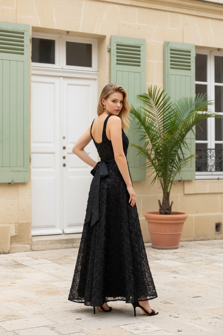 Black Rosette Gown with Satin Tie Belt, Size 6