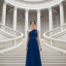 Adrianna Papell Royal Blue One-Shoulder Gown with Jeweled Waist, Size 4