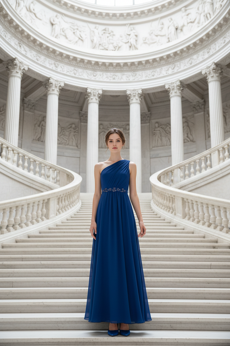 Adrianna Papell Royal Blue One-Shoulder Gown with Jeweled Waist, Size 4