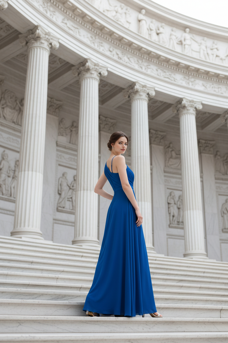 Adrianna Papell Royal Blue One-Shoulder Gown with Jeweled Waist, Size 4