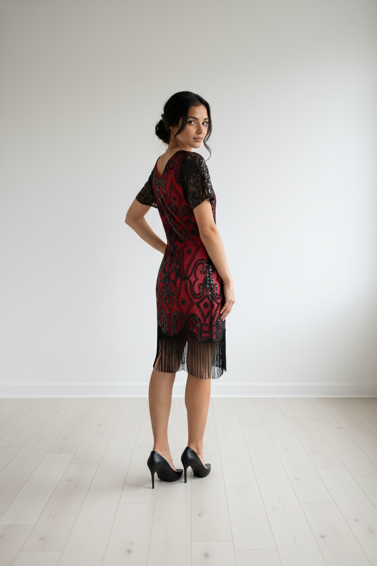 Red Dress with Black Sequin Detail, Fringe Hem, Size M