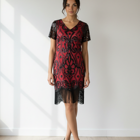 Red Dress with Black Sequin Detail, Fringe Hem, Size M