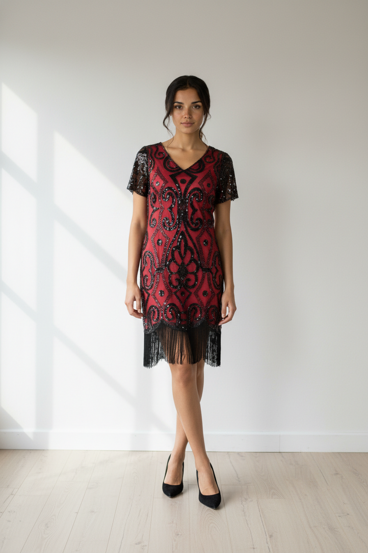 Red Dress with Black Sequin Detail, Fringe Hem, Size M