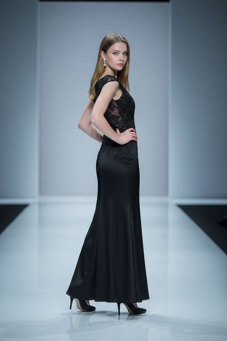 Montage Black Silk Trumpet Gown with Embellished Bodice, Size 4