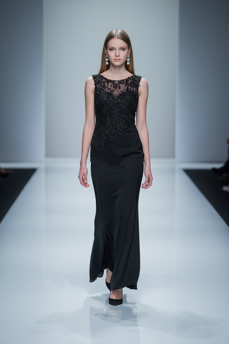 Montage Black Silk Trumpet Gown with Embellished Bodice, Size 4