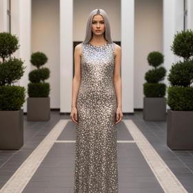 Adrianna Papell Nickel Gray Sequin Gown, Size 14