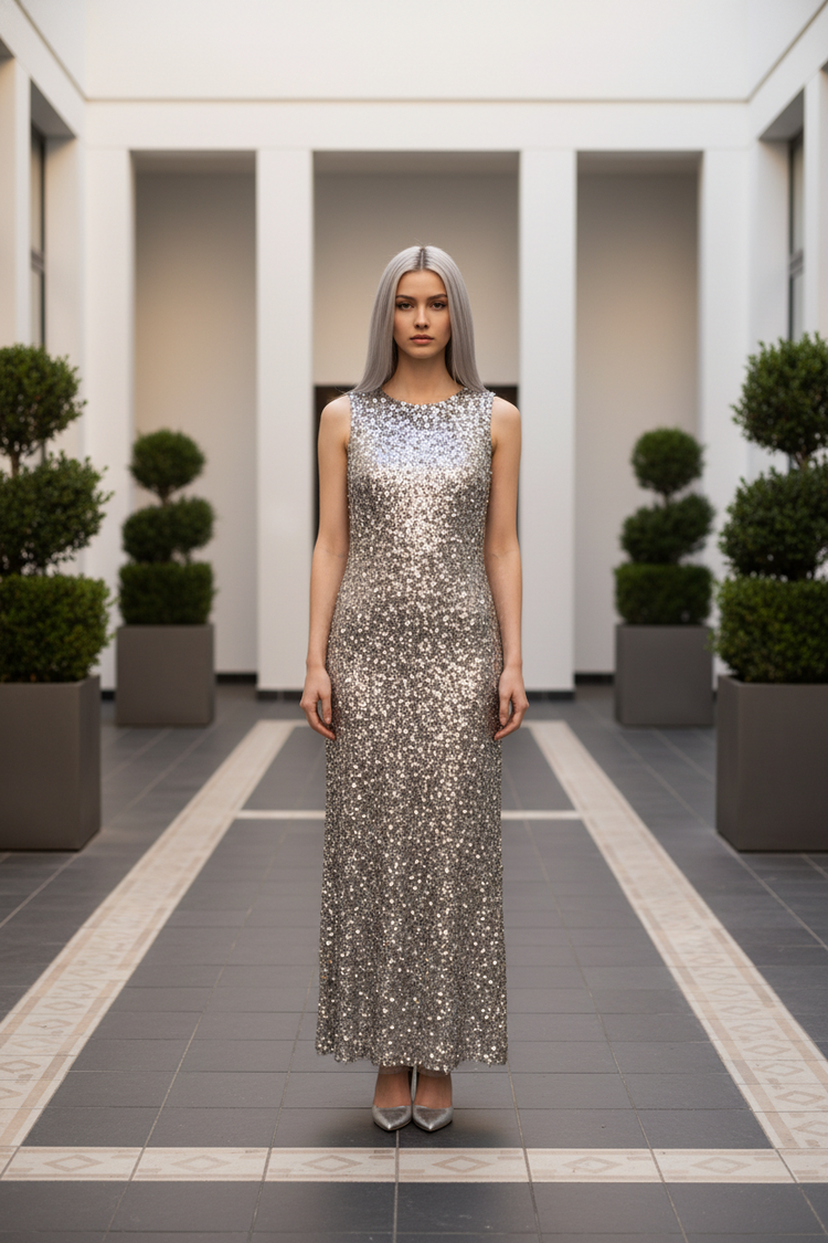 Adrianna Papell Nickel Gray Sequin Gown, Size 14