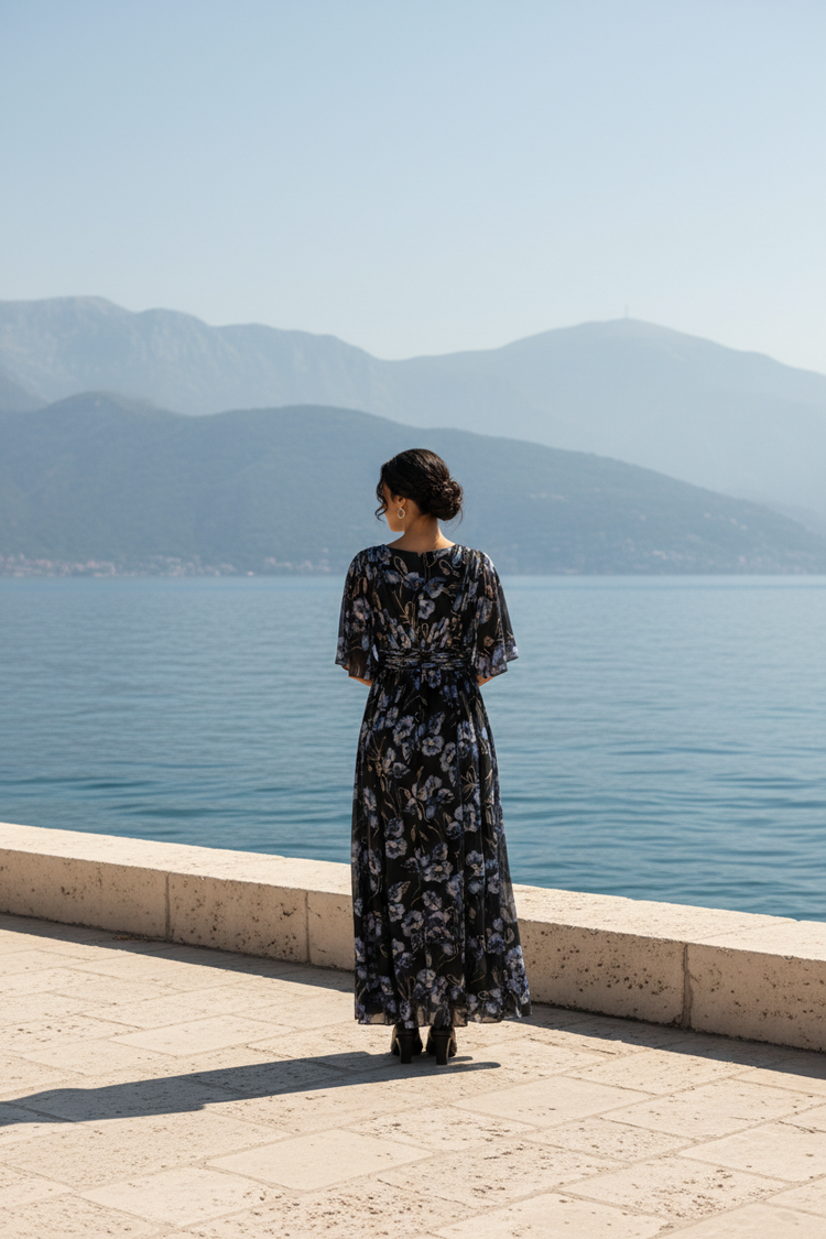 Adrianna Papell Black A-Line Gown with Floral Shimmer, Size 4P