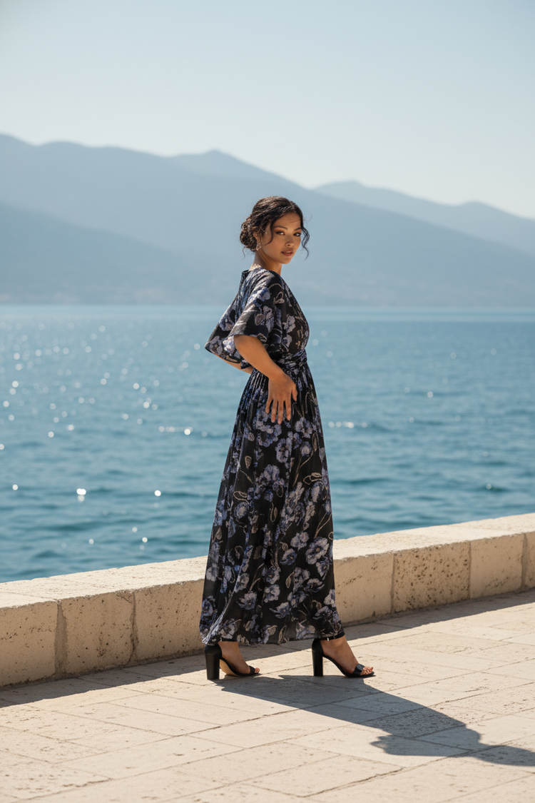 Adrianna Papell Black A-Line Gown with Floral Shimmer, Size 4P