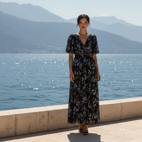 Adrianna Papell Black A-Line Gown with Floral Shimmer, Size 4P