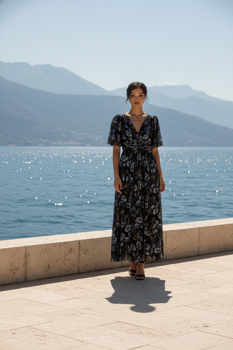 Adrianna Papell Black A-Line Gown with Floral Shimmer, Size 4P