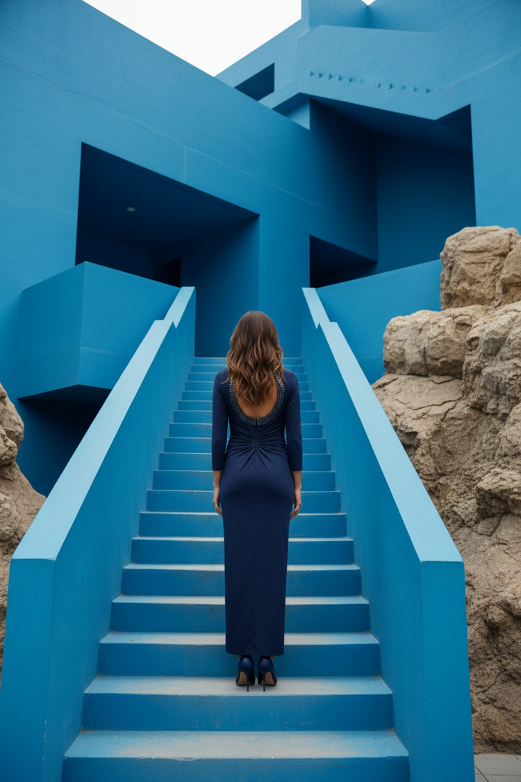 Adrianna Papell Navy Blue Stretch Jersey A-Line w/Jeweled Neckline, Size 4