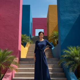 Adrianna Papell Navy Blue Stretch Jersey A-Line w/Jeweled Neckline, Size 4