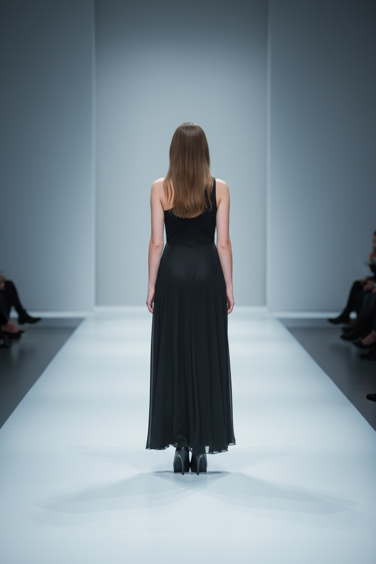 Black A-Line One-Shoulder Gown with Slit, Size 2