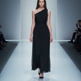 Black A-Line One-Shoulder Gown with Slit, Size 2