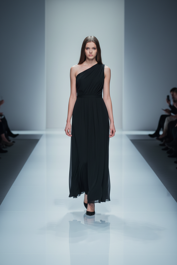 Black A-Line One-Shoulder Gown with Slit, Size 2