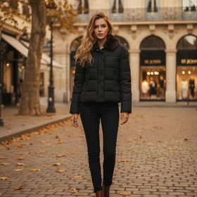 Black Cropped Puffer Jacket with Detachable Mink Collar, Size XL