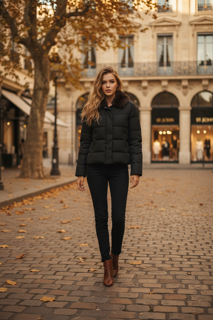 Black Cropped Puffer Jacket with Detachable Mink Collar, Size XL