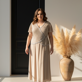 Jkara Beige Beaded Gown w/Tie Waist, Size 22W