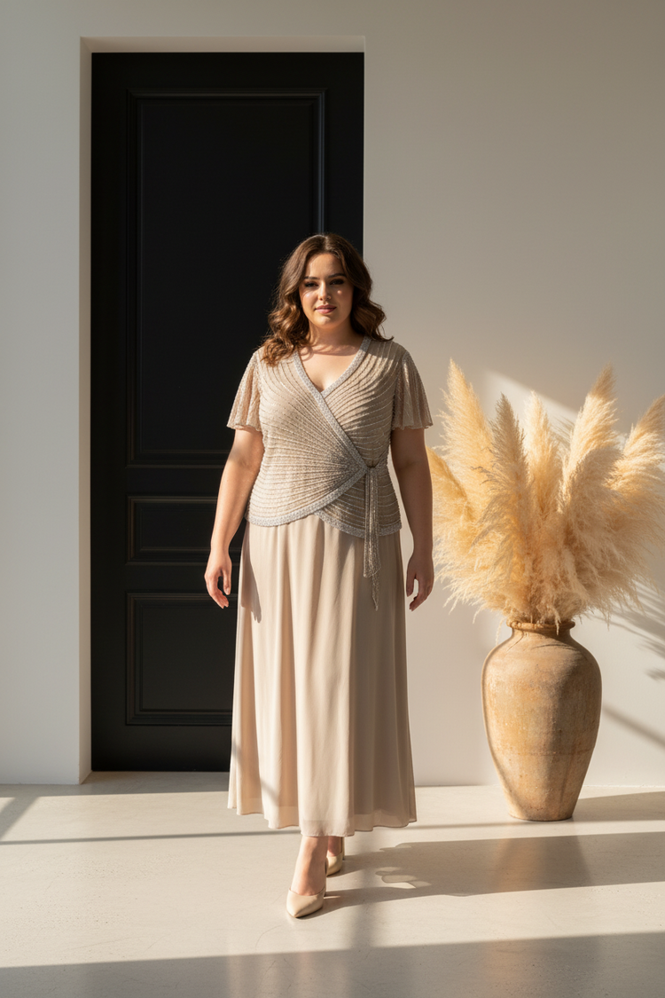 Jkara Beige Beaded Gown w/Tie Waist, Size 22W