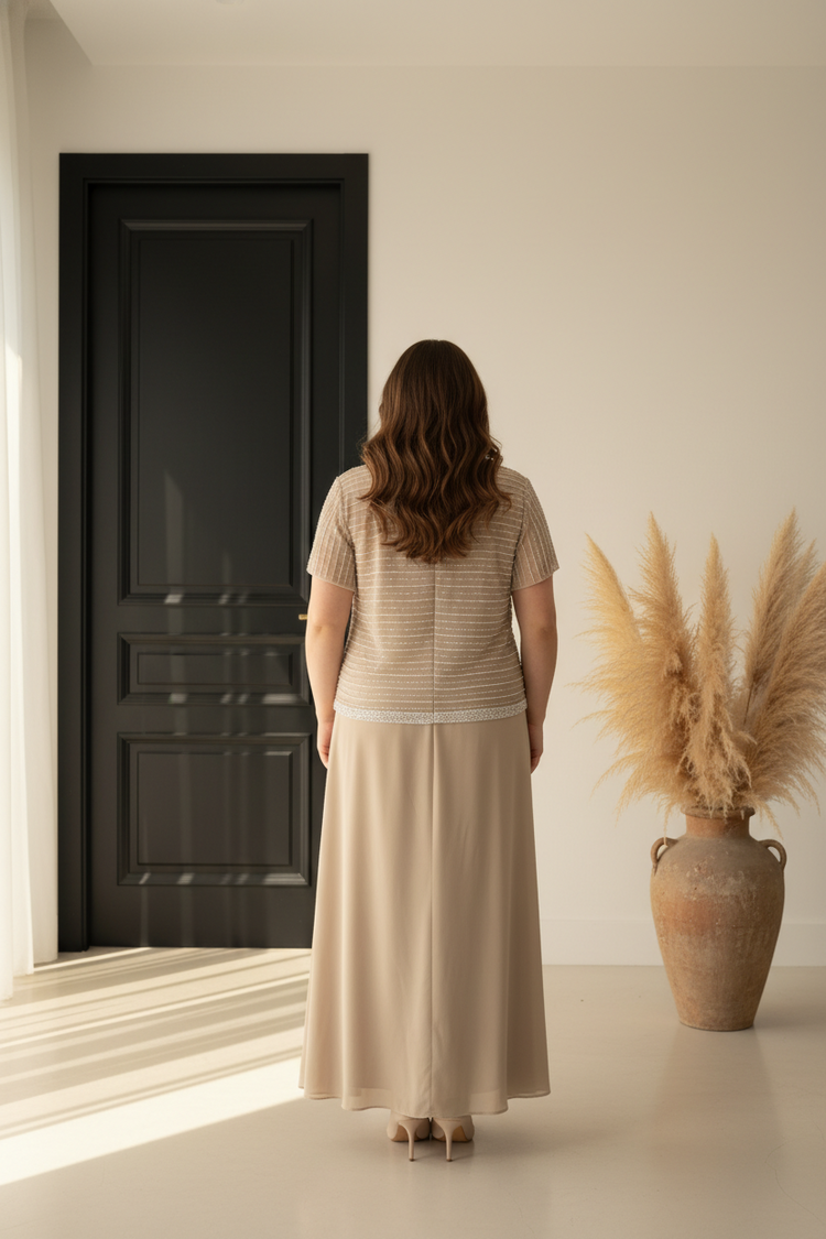 Jkara Beige Beaded Gown w/Tie Waist, Size 22W