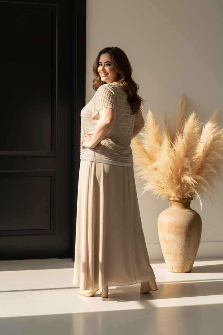 Jkara Beige Beaded Gown w/Tie Waist, Size 22W