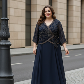 Jkara Navy Blue Beaded Gown w/Tie Waist, Size 18W