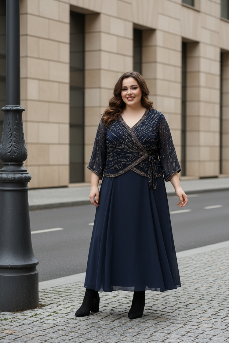 Jkara Navy Blue Beaded Gown w/Tie Waist, Size 18W