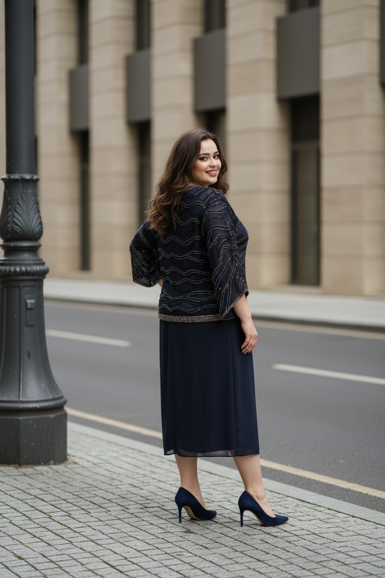 Jkara Navy Blue Beaded Gown w/Tie Waist, Size 18W