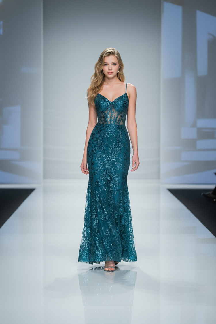 Green Glittery Corset Trumpet Gown, Size 7/8