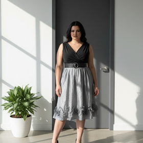 R&M Richards Black Jersey Knit and Silver Shimmer Cocktail Dress, Size 16