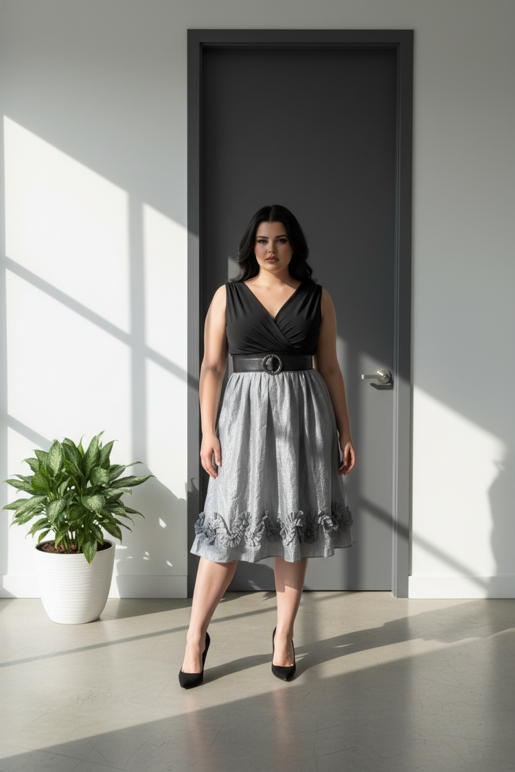 R&M Richards Black Jersey Knit and Silver Shimmer Cocktail Dress, Size 16