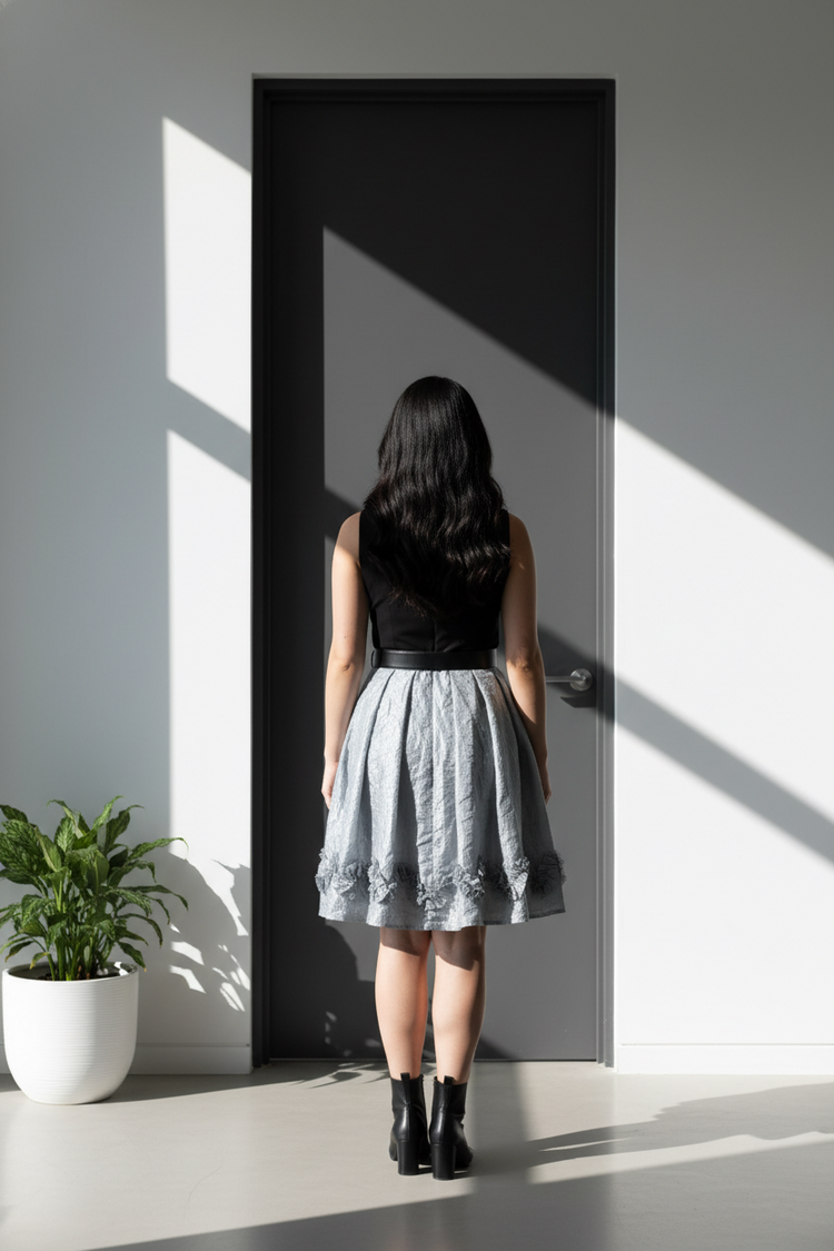 R&M Richards Black Jersey Knit and Silver Shimmer Cocktail Dress, Size 16