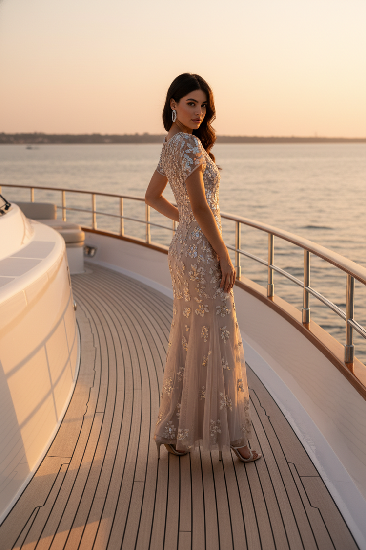 Adrianna Papell Biscotti Beige Beaded Dress with Godets, Size 6