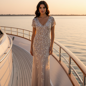 Adrianna Papell Biscotti Beige Beaded Dress with Godets, Size 6