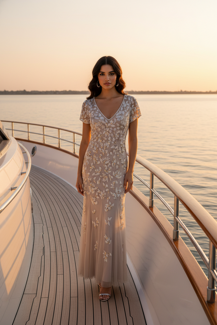 Adrianna Papell Biscotti Beige Beaded Dress with Godets, Size 6