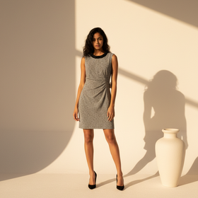 Adrianna Papell Ivory/Black Dotted Dress with Beaded Neckline, Size 6