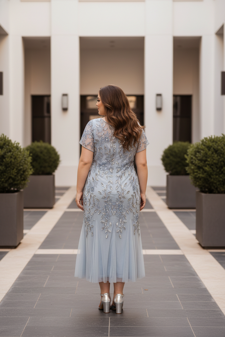 Adrianna Papell Light Blue Floral Design Beaded Gown with Godets, Size 20W