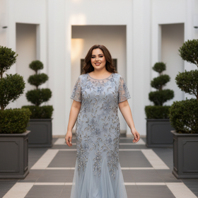 Adrianna Papell Light Blue Floral Design Beaded Gown with Godets, Size 20W