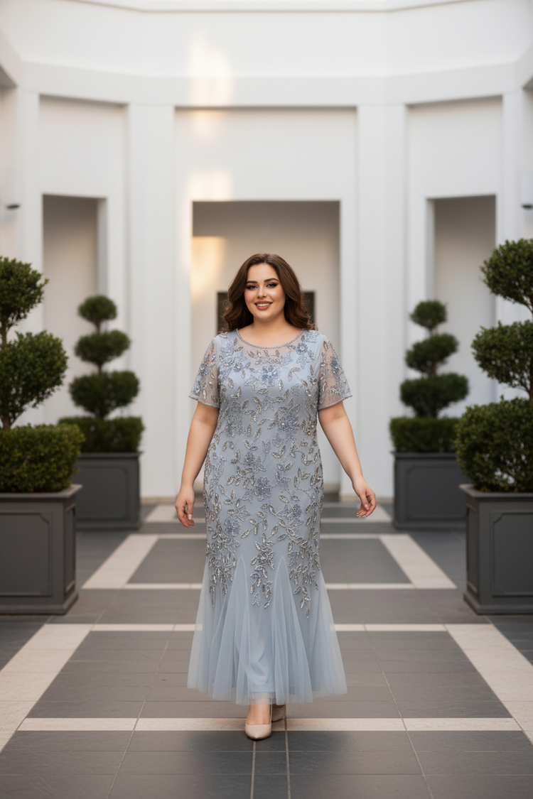 Adrianna Papell Light Blue Floral Design Beaded Gown with Godets, Size 20W